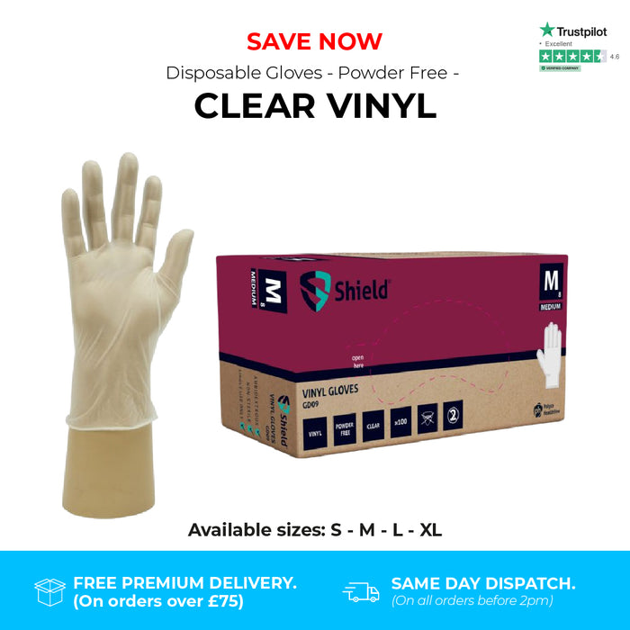 2000 Gloves (20 Boxes) - Disposable Gloves - Powder Free - Clear Vinyl - Shield GD09®