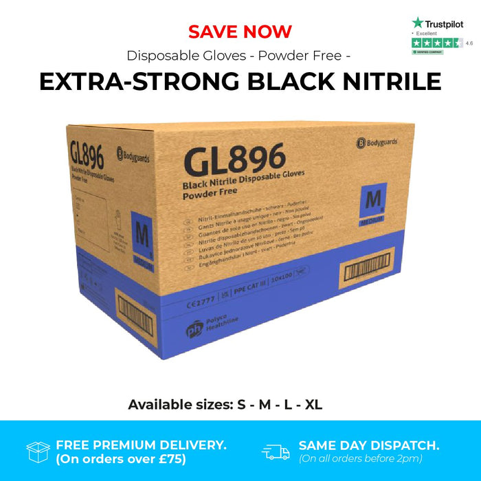 1000 Gloves (10 Boxes) - Disposable Gloves - EXTRA STRONG - Powder Free - Black Nitrile - Bodyguards GL896® - Champions Gloves