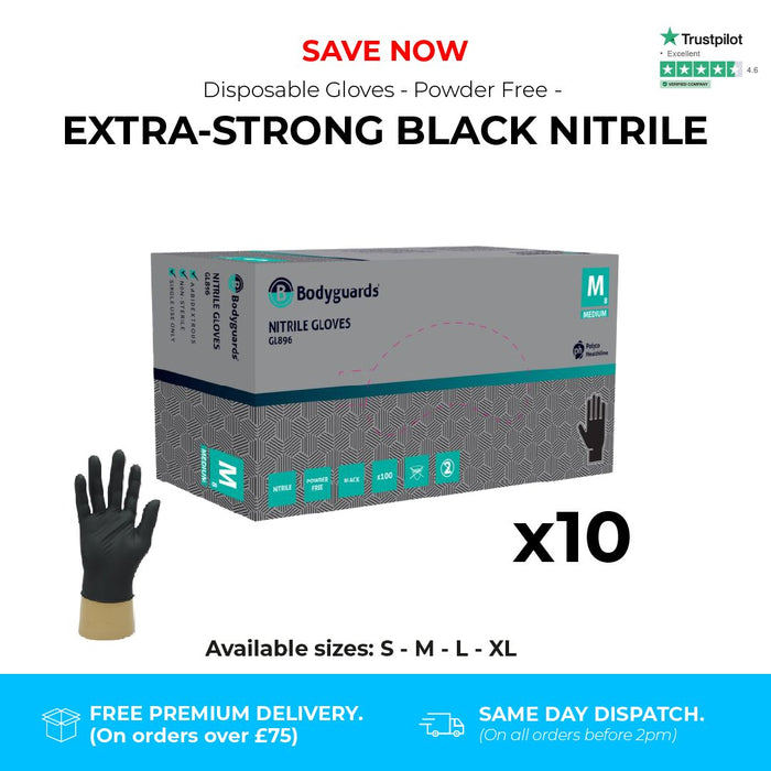 1000 Gloves (10 Boxes) - Disposable Gloves - EXTRA STRONG - Powder Free - Black Nitrile - Bodyguards GL896® - Champions Gloves