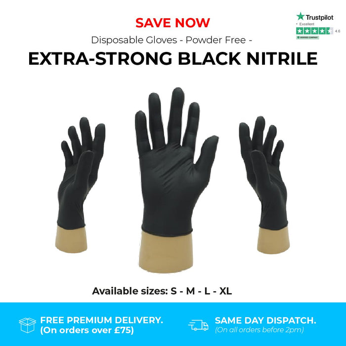 1000 Gloves (10 Boxes) - Disposable Gloves - EXTRA STRONG - Powder Free - Black Nitrile - Bodyguards GL896® - Champions Gloves