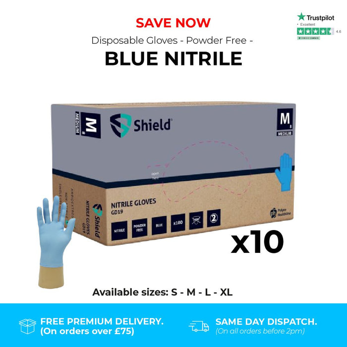 1000 Gloves (10 Boxes) - Disposable Gloves - Medical Powder Free - Blue Nitrile - Shield GD19® - Champions Gloves