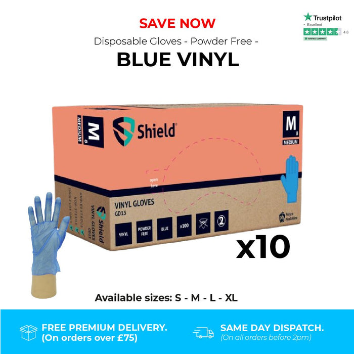 1000 Gloves (10 Boxes) - Disposable Gloves - Powder Free - Blue Vinyl - Shield GD13® - Champions Gloves