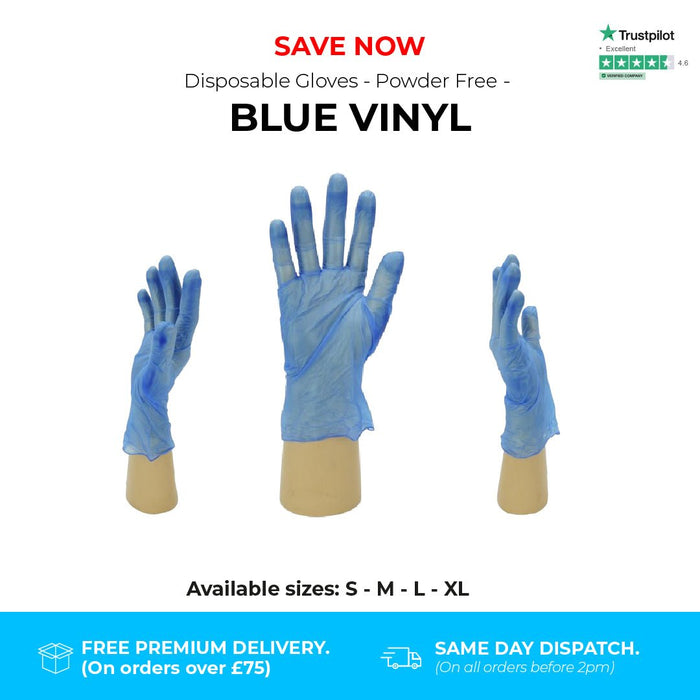 1000 Gloves (10 Boxes) - Disposable Gloves - Powder Free - Blue Vinyl - Shield GD13® - Champions Gloves