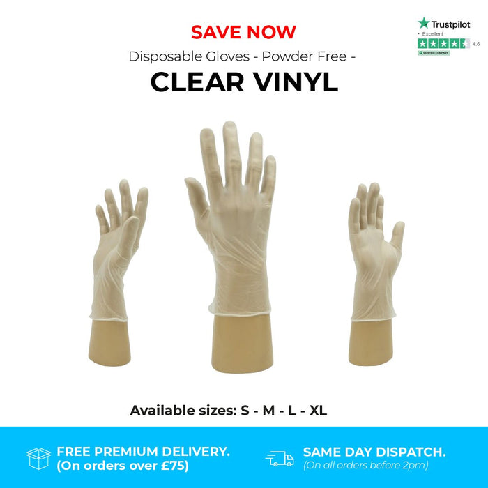 1000 Gloves (10 Boxes) - Disposable Gloves - Powder Free - Clear Vinyl - Shield GD09® - Champions Gloves