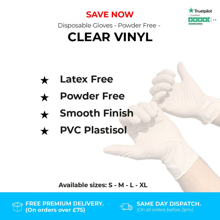 1000 Gloves (10 Boxes) - Disposable Gloves - Powder Free - Clear Vinyl - Shield GD09® - Champions Gloves