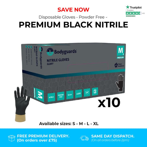 1000 Gloves (10 Boxes) - Disposable Gloves - Premium Powder Free - Black Nitrile - Bodyguards GL897® - Champions Gloves