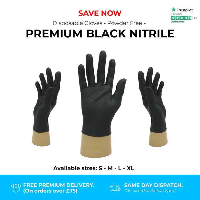 1000 Gloves (10 Boxes) - Disposable Gloves - Premium Powder Free - Black Nitrile - Bodyguards GL897® - Champions Gloves