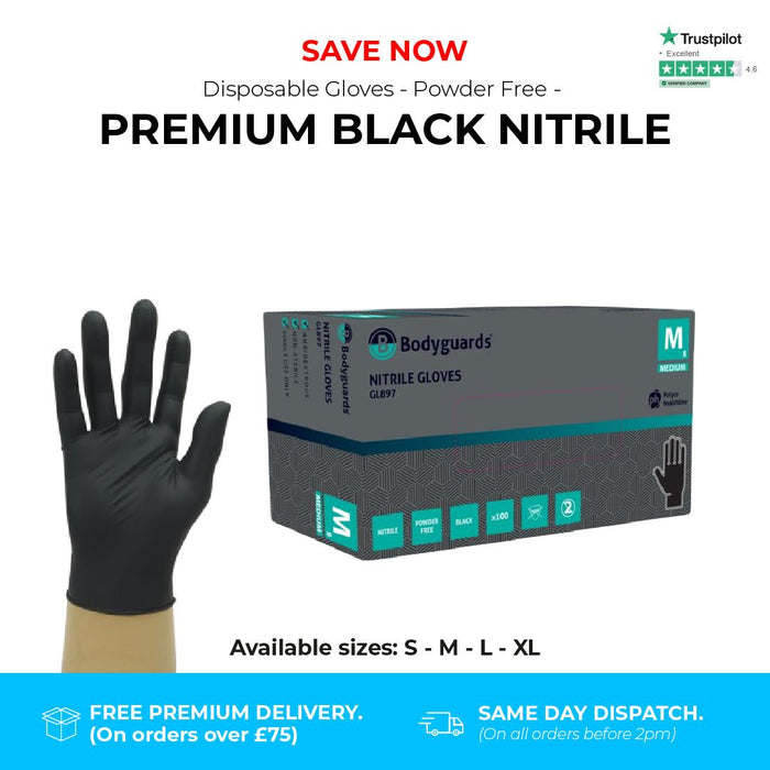 1000 Gloves (10 Boxes) - Disposable Gloves - Premium Powder Free - Black Nitrile - Bodyguards GL897® - Champions Gloves