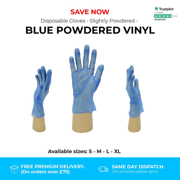 1000 Gloves (10 Boxes) - Disposable Gloves - Slightly Powdered - Blue Vinyl - Shield GD11® - Champions Gloves