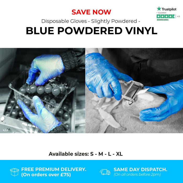 1000 Gloves (10 Boxes) - Disposable Gloves - Slightly Powdered - Blue Vinyl - Shield GD11® - Champions Gloves