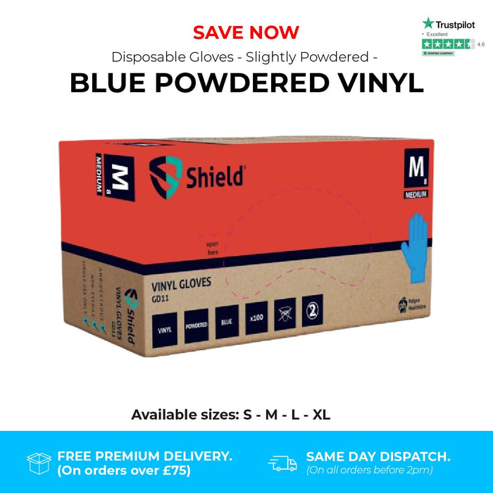 1000 Gloves (10 Boxes) - Disposable Gloves - Slightly Powdered - Blue Vinyl - Shield GD11® - Champions Gloves