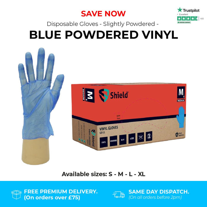 1000 Gloves (10 Boxes) - Disposable Gloves - Slightly Powdered - Blue Vinyl - Shield GD11® - Champions Gloves