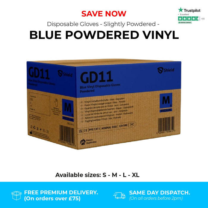 1000 Gloves (10 Boxes) - Disposable Gloves - Slightly Powdered - Blue Vinyl - Shield GD11® - Champions Gloves