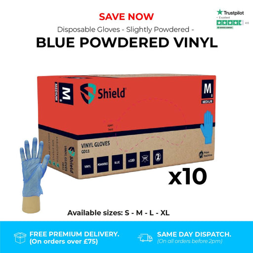 1000 Gloves (10 Boxes) - Disposable Gloves - Slightly Powdered - Blue Vinyl - Shield GD11® - Champions Gloves