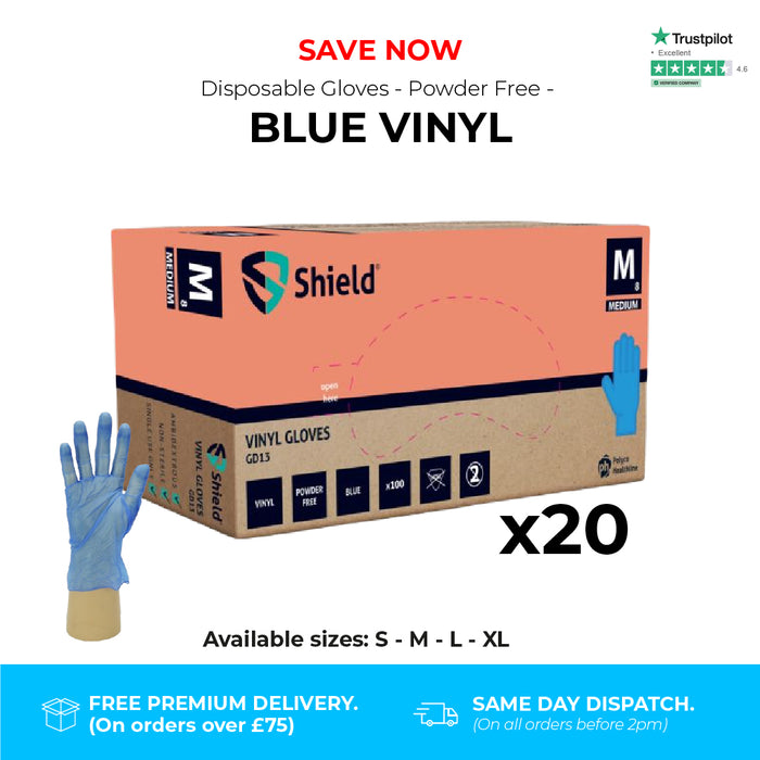 2000 Gloves (20 Boxes) - Disposable Gloves - Powder Free - Blue Vinyl - Shield GD13®