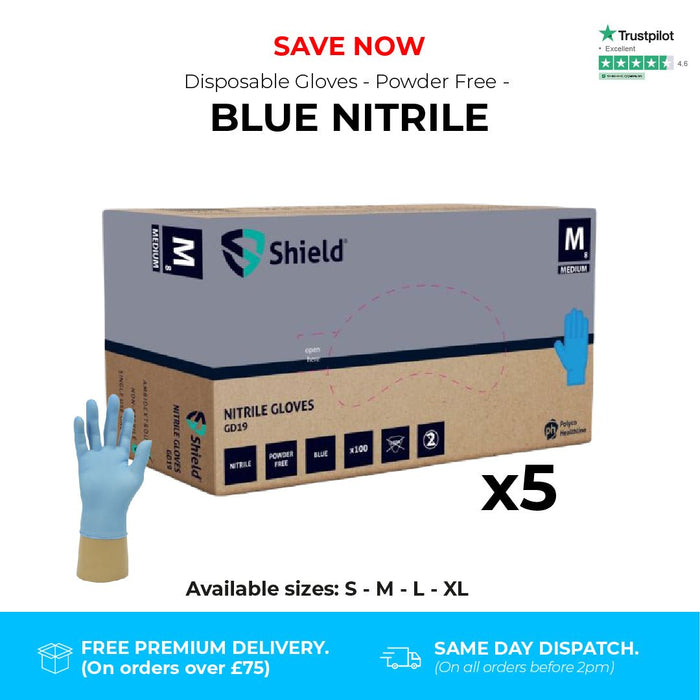 500 Gloves (5 Boxes) - Disposable Gloves - Medical Powder Free - Blue Nitrile - Shield GD19® - Champions Gloves