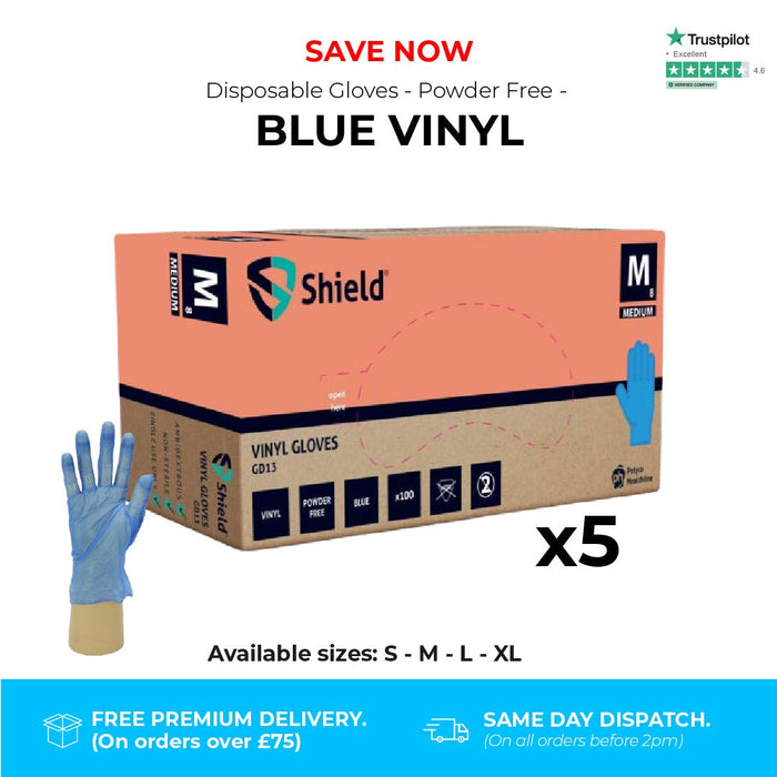 500 Gloves (5 Boxes) - Disposable Gloves - Powder Free - Blue Vinyl - Shield GD13® - Champions Gloves