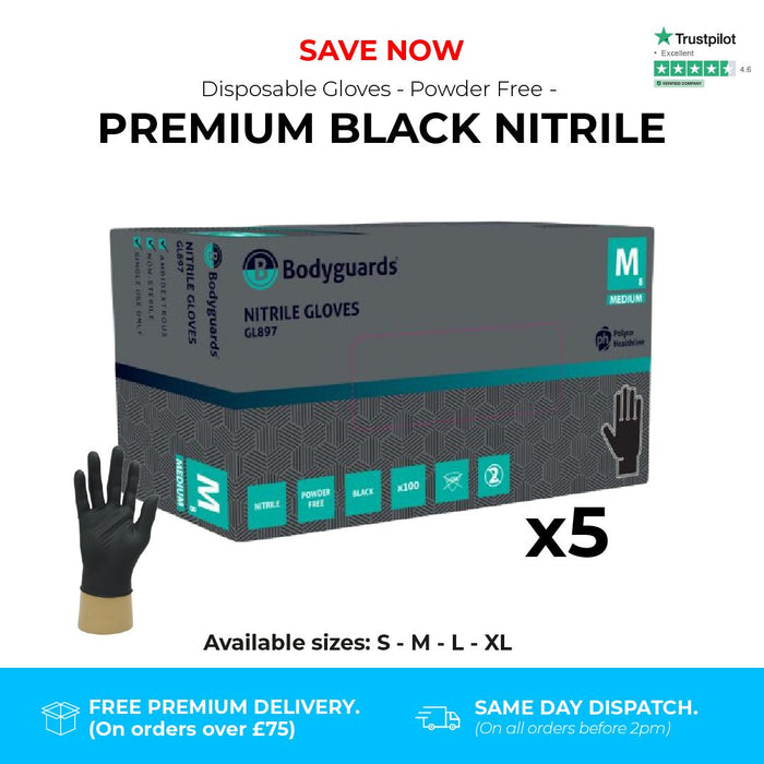 500 Gloves (5 Boxes) - Disposable Gloves - Premium Powder Free - Black Nitrile - Bodyguards GL897® - Champions Gloves