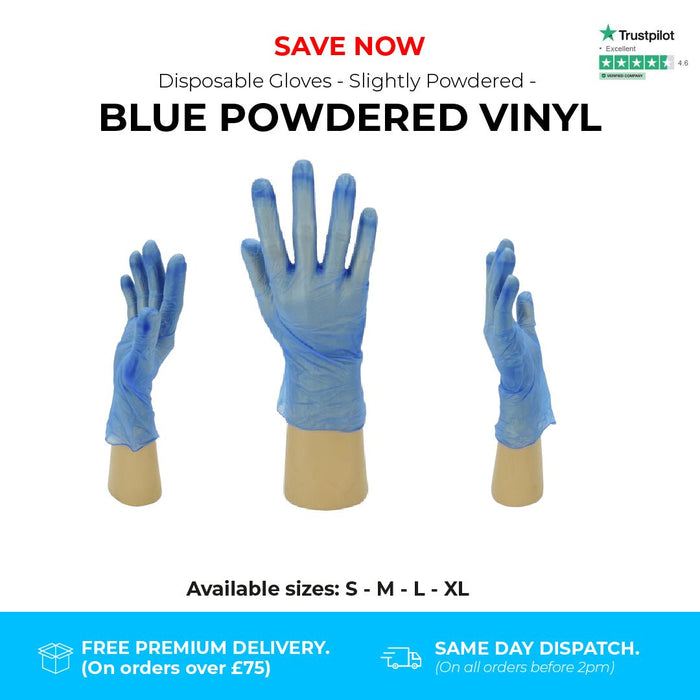 500 Gloves (5 Boxes) - Disposable Gloves - Slightly Powdered - Blue Vinyl - Shield GD11® - Champions Gloves