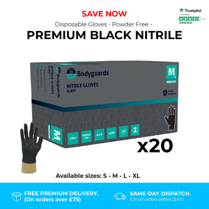 2000 Gloves (20 Boxes) - Disposable Gloves - Premium Powder Free - Black Nitrile - Bodyguards GL897®