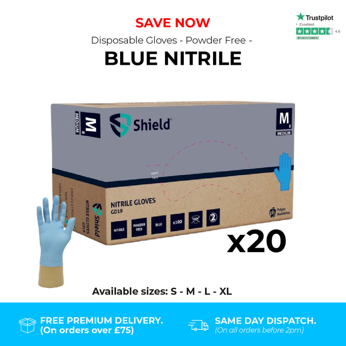 2000 Gloves (20 Boxes) - Disposable Gloves - Medical Powder Free - Blue Nitrile - Shield GD19®