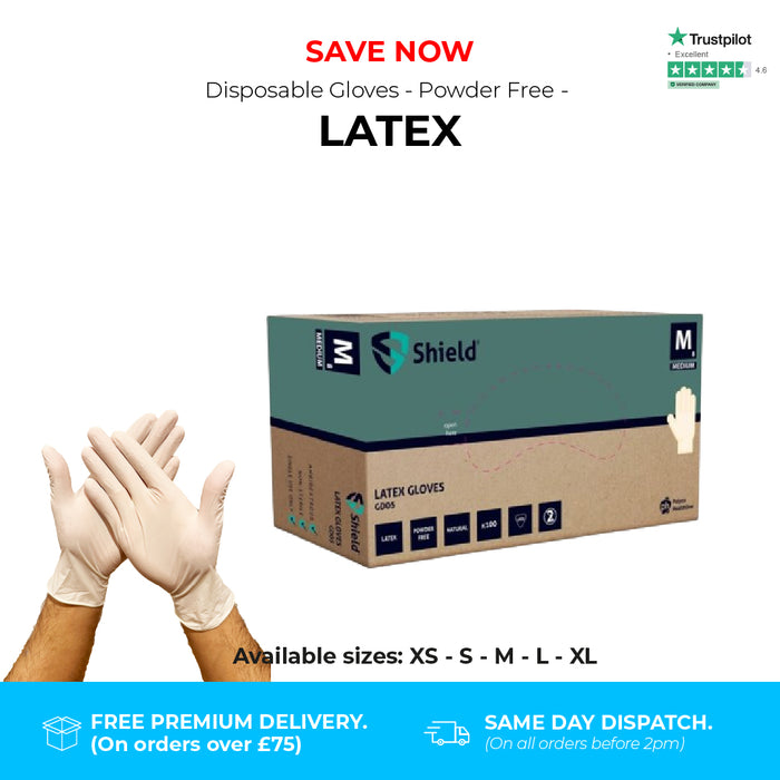 2000 Gloves (20 Boxes) - Disposable Gloves - Powder Free - Latex - Shield GD05®