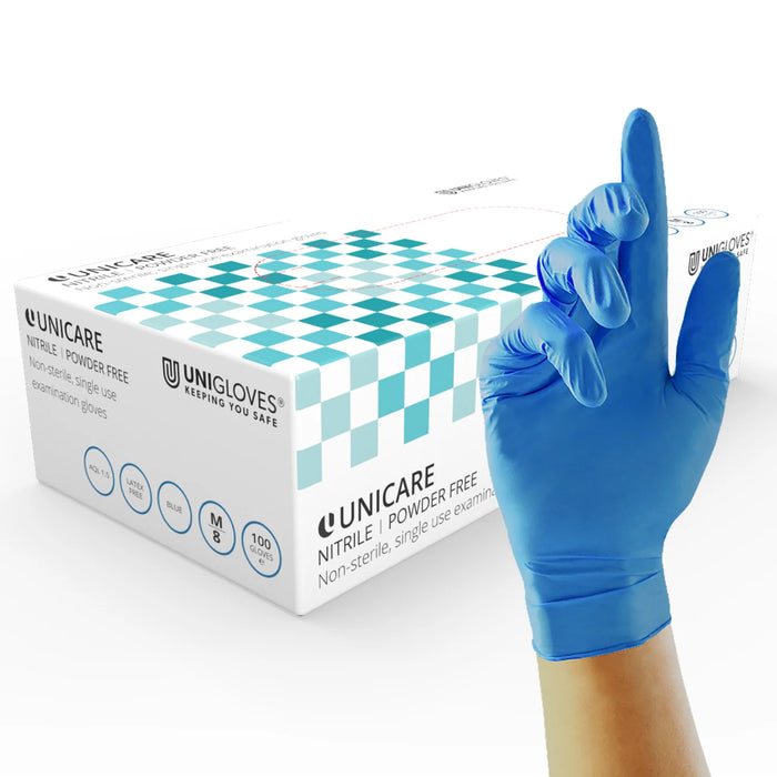 Unigloves GS003 Blue Unicare Disposable Nitrile Gloves – Medical Grade – Powder Free - Pack of 100