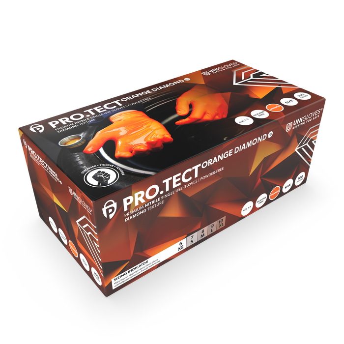 Unigloves GA005 PRO.TECT Orange – Diamond Grip – Heavy Duty - Disposable Nitrile Gloves – Powder Free - Pack of 100