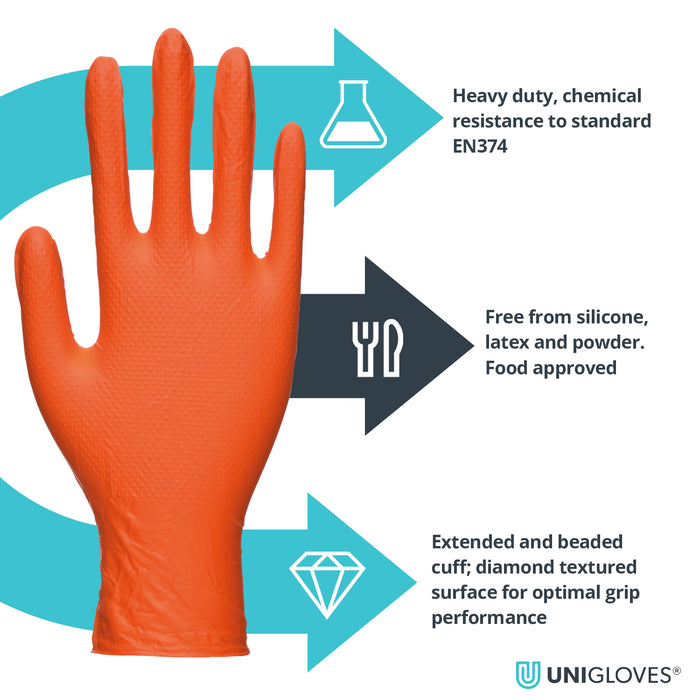 Unigloves GA005 PRO.TECT Orange – Diamond Grip – Heavy Duty - Disposable Nitrile Gloves – Powder Free - Pack of 100