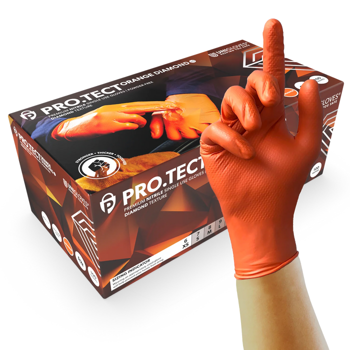 Unigloves GA005 PRO.TECT Orange – Diamond Grip – Heavy Duty - Disposable Nitrile Gloves – Powder Free - Pack of 100