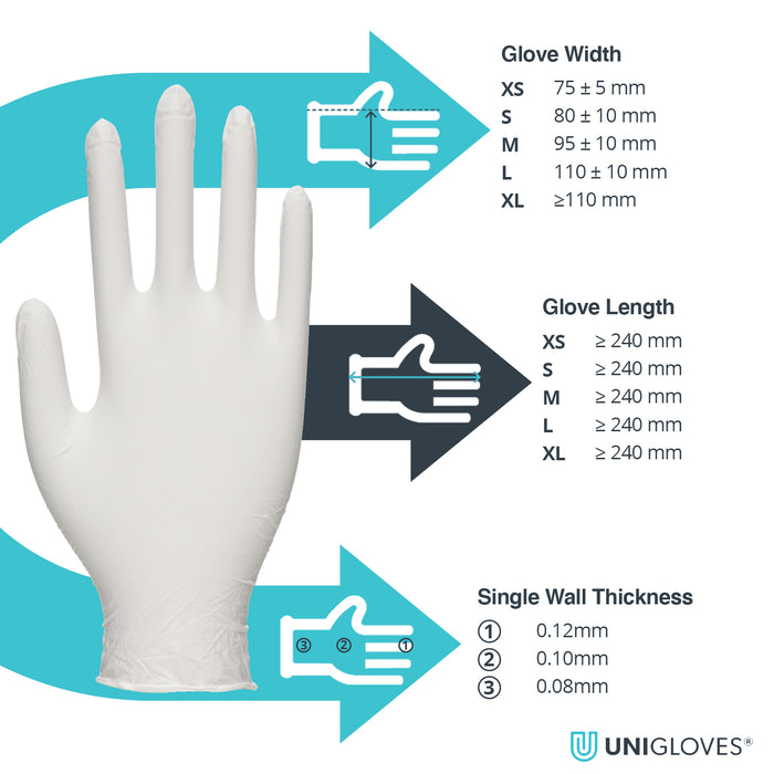 Unicare GS001 Extra-Strong Powder-Free Latex Disposable Gloves - Pack of 100