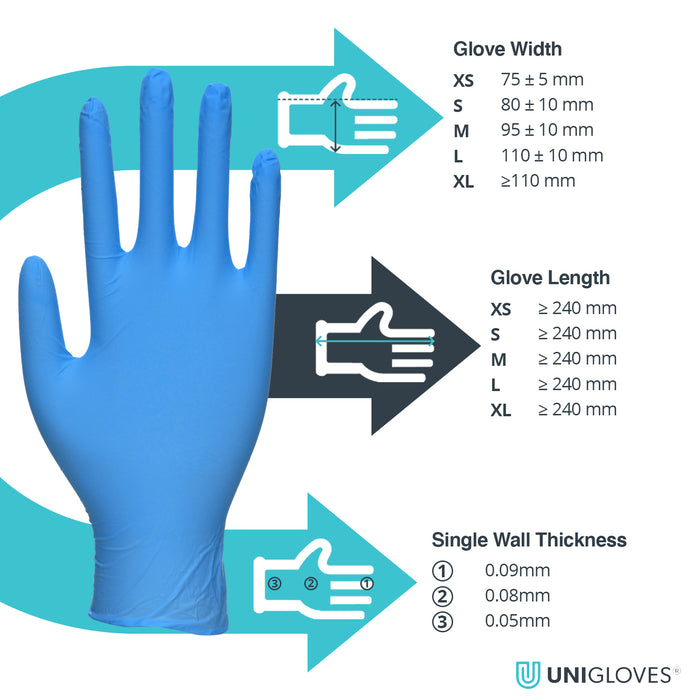 Unigloves GS003 Blue Unicare Disposable Nitrile Gloves – Medical Grade – Powder Free - Pack of 100